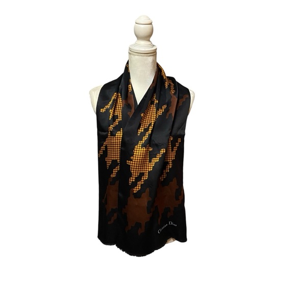 CHRISTIAN DIOR Silk Scarf Printed Pattern Black & Gold Vintage - Picture 4 of 16